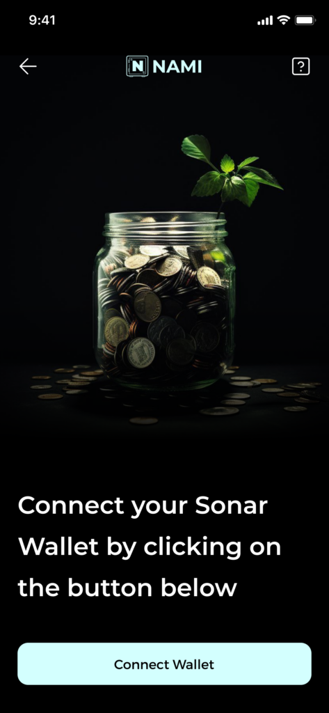 Login UI 2 showing the connect button and the text "Connect you Sonar Wallet by clicking on the button below"